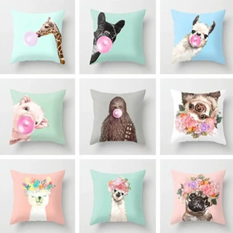 Cute Cartoon Animal Throw Pillow Cover Cute Dog Alpaca Cushion Case Decorative Sofa Pillow Cover for Home Living Room