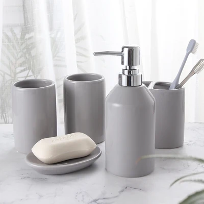 Geometric Lines Ceramic Barthroom 5pcs Set Melamine Tray Bathroom Kit Wedding Washing Set Bathroom Supplies Toothbrush Holder