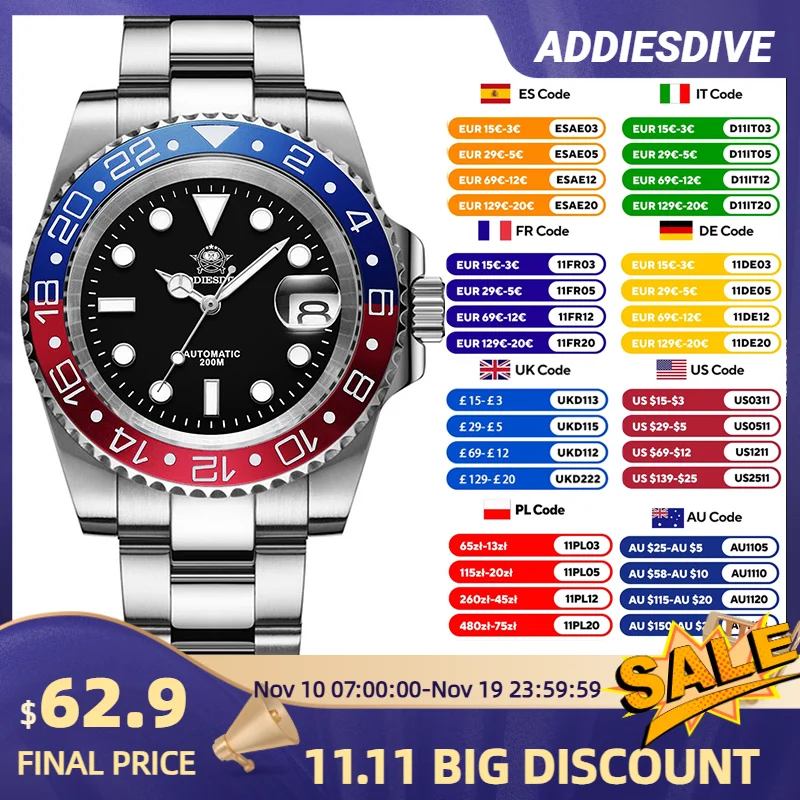 ADDIESDIVE Men Automation Watch Sapphire Glass BGW9 Super Luminous Analog Watches Waterproof 20Bar Men's Diving Watch AD2503