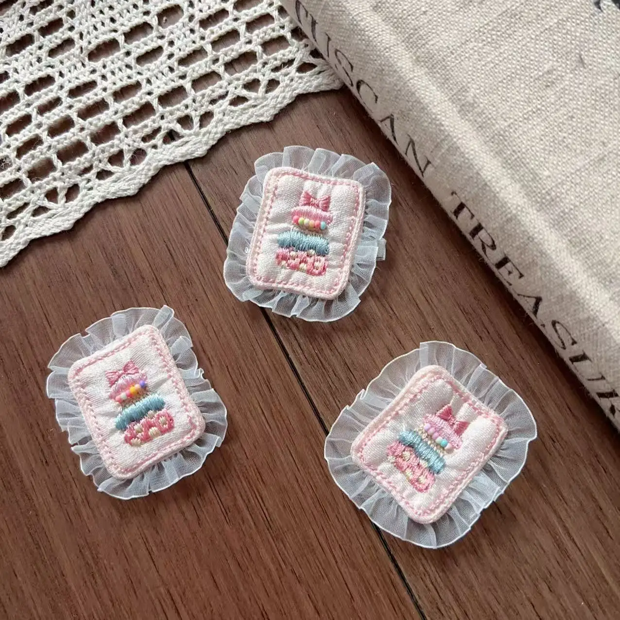 Premium Embroidered Beaded Pink Cake Lace Fabric Patch Hair Clip Soft Adhesive Backing for Shoes Socks Apparel Embellishment