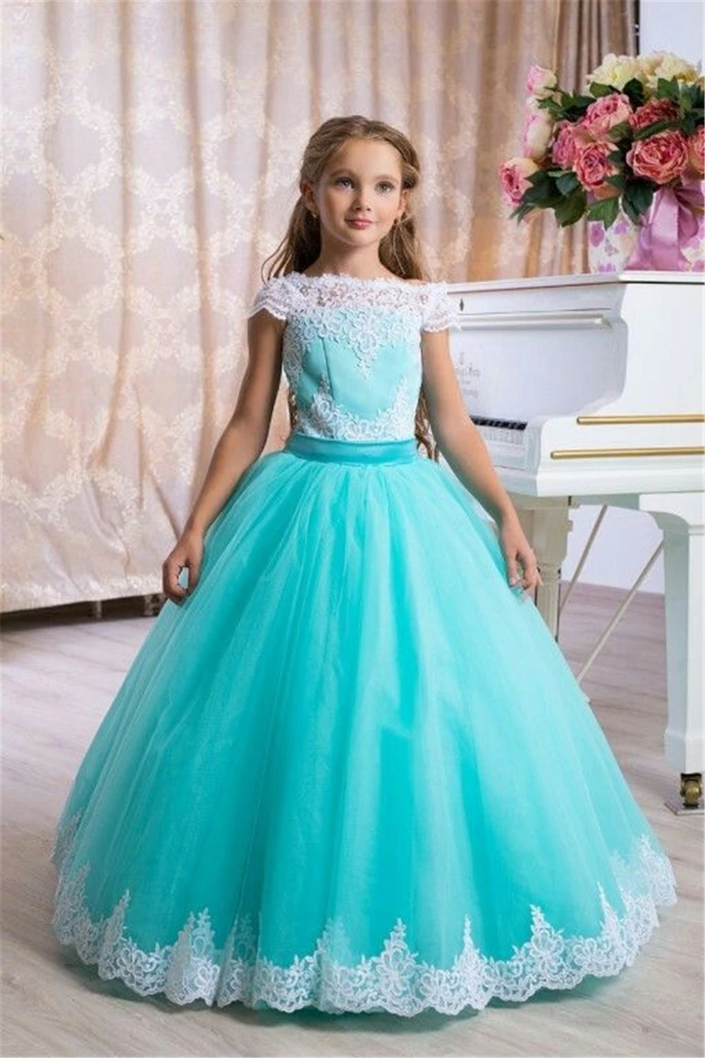 

Flower Girl Dress Elegant Green Tulle Lace Printing Princess Ball First Communion Gowns Kids Birthday Present Evening Dresses