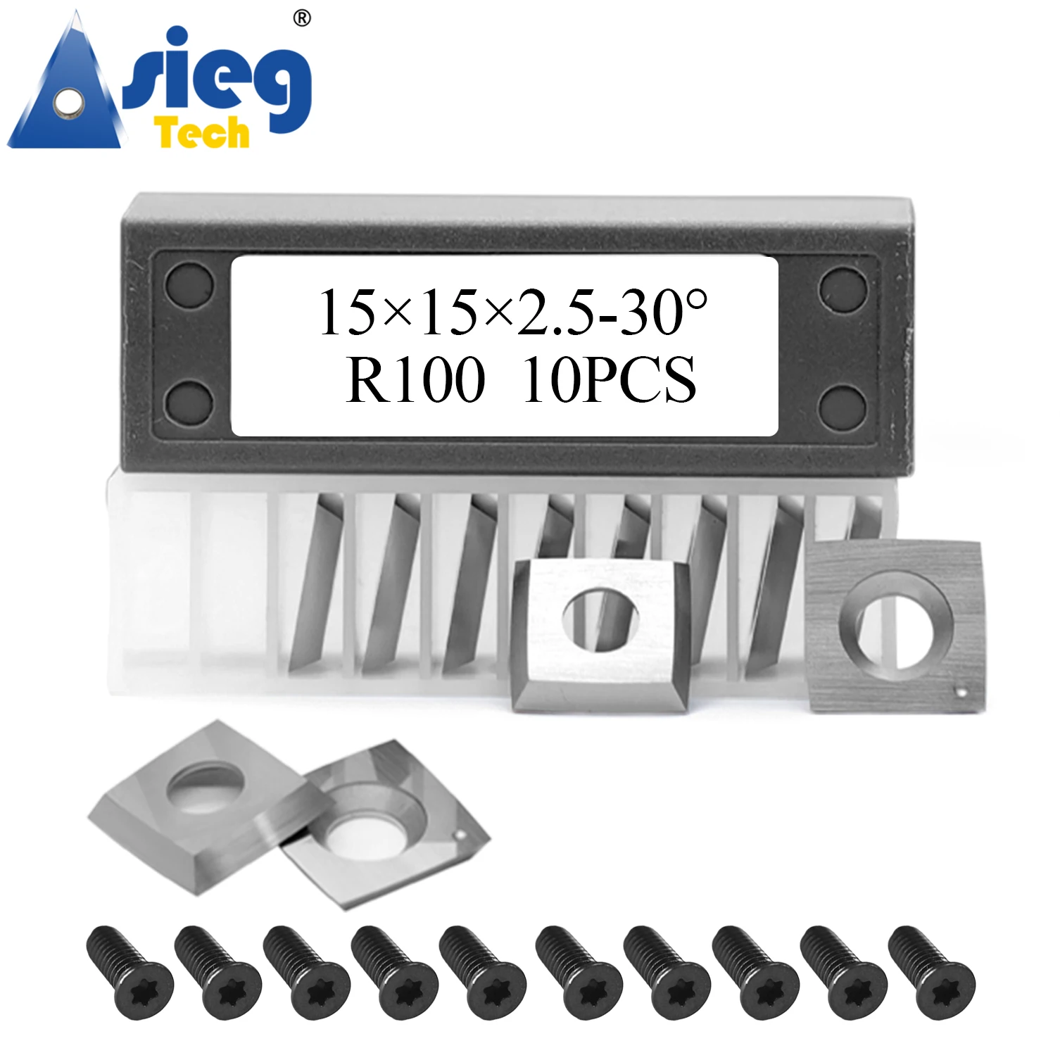 

15 × 15 × 2,5 мм-R100 квадратный твердосплавный резак, замена для токарного инструмента, деревообрабатывающий строгальный станок со спиральной режущей головкой, 10 шт.