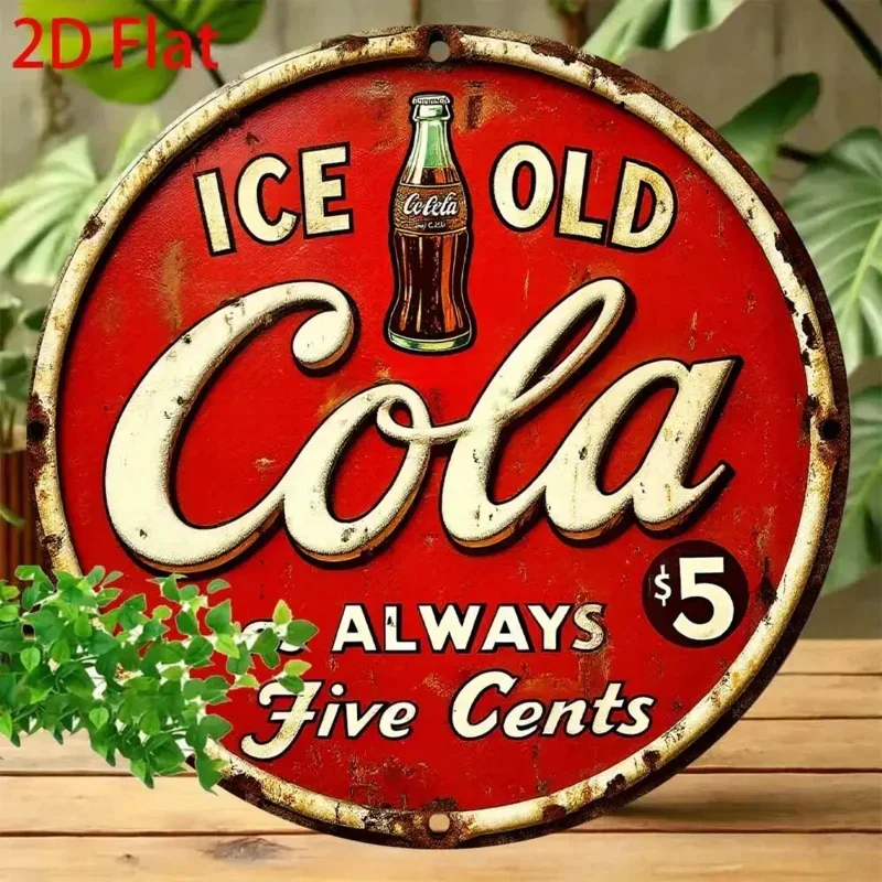 Vintage Retro Coca Cola Ice Old 2D High Definition Tin Sign, Classic Always Five Cents Metal Wall Art for Home Bar or Cafe Decor