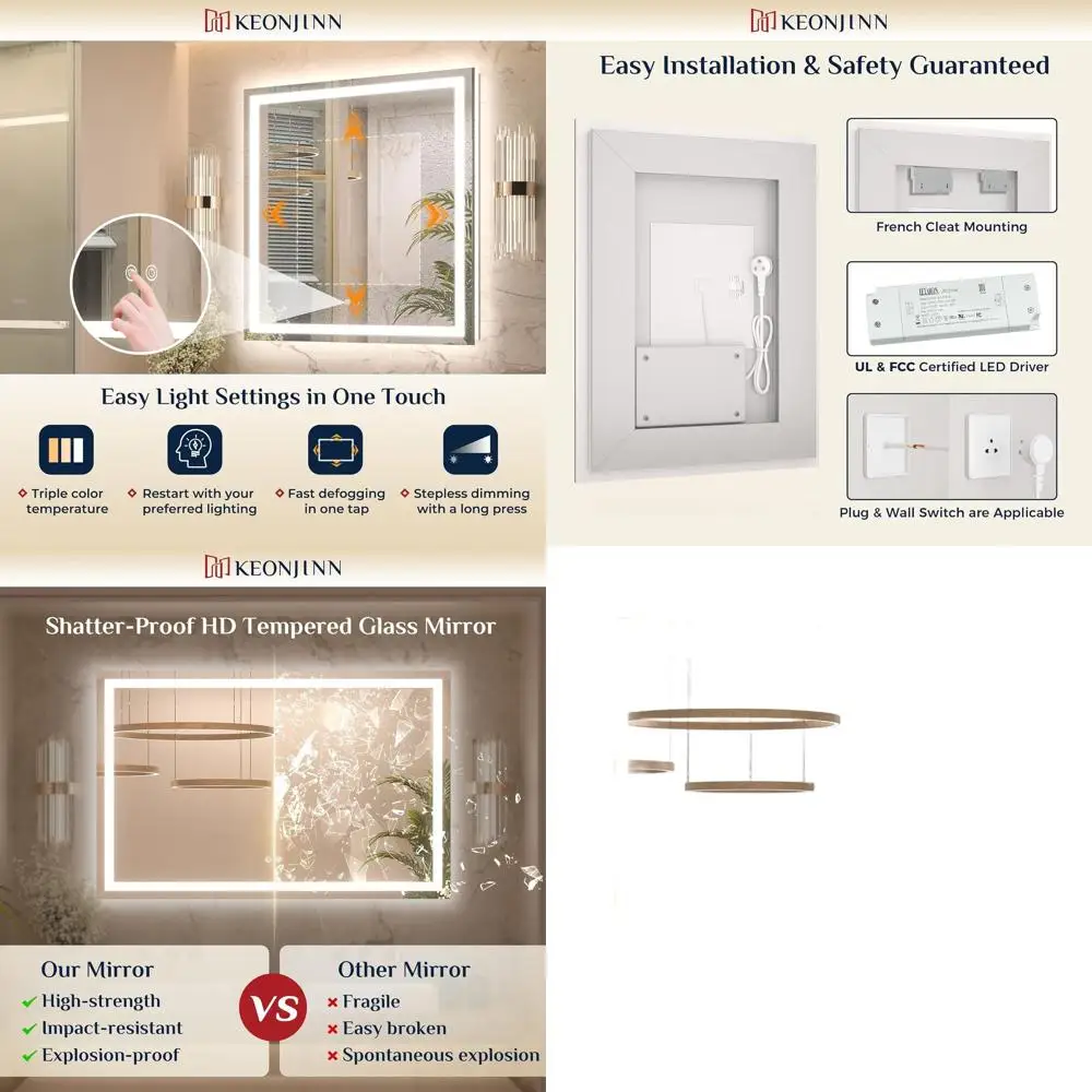 مرآة زينة للحمام بإضاءة LED مقاس 48 × 30 مع 3 أضواء ملونة، مضادة للضباب، زجاج مقسى عالي الدقة، محرك على شكل قائمة UL، CRI90+ #1