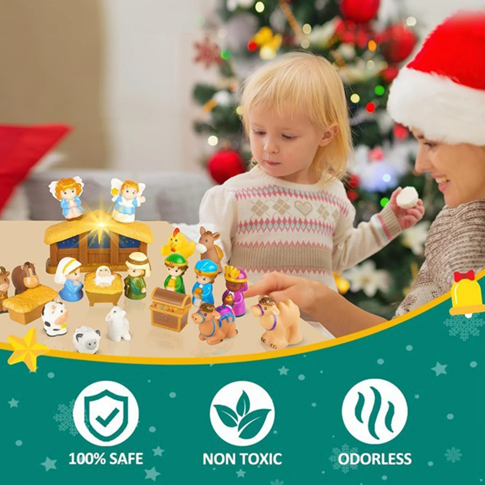 

Рождественский рождественский адвент-календарь для детей, 24-дневный обратный отсчет со сценями истории Иисуса, безопасный картон, праздничное украшение, подарок