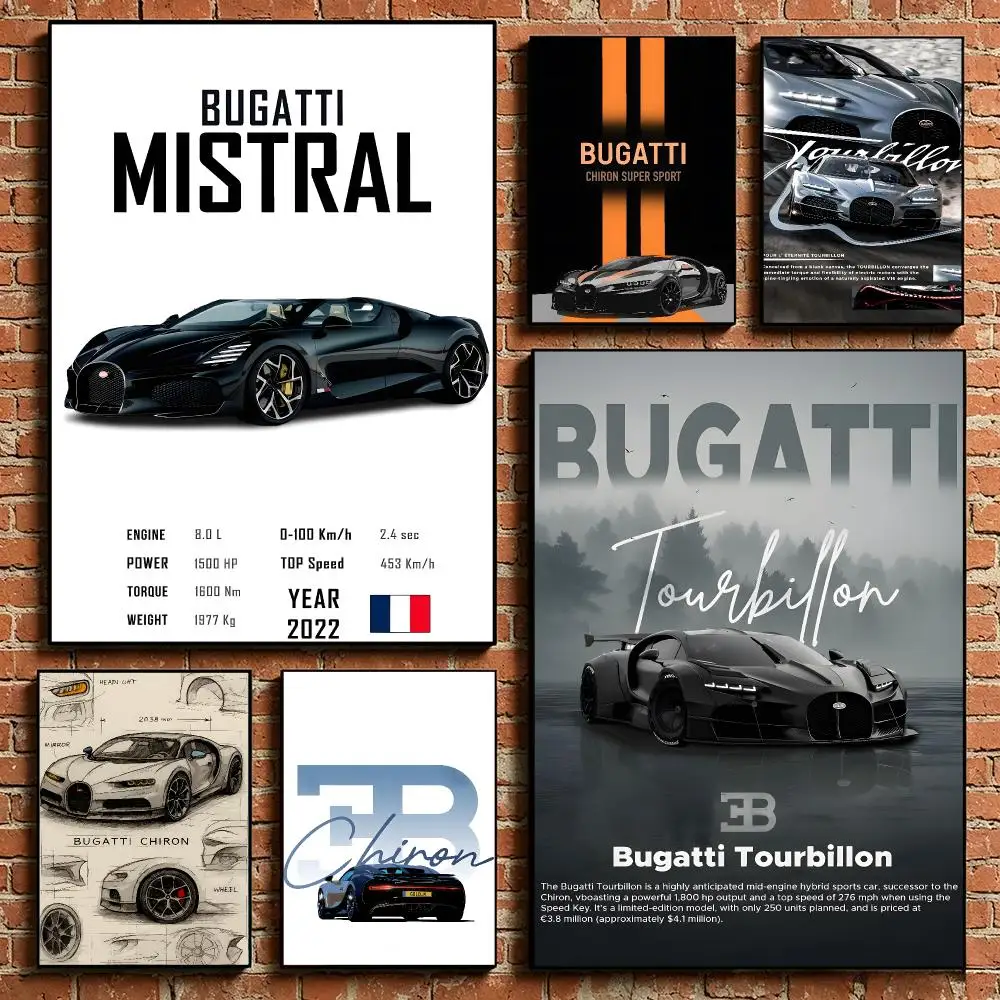 Hot Fashion BugattiES Supercar Poster HD Self‑Adhesive Art Print Home Wall Ornament for Clubs Cafe and Living Room Decoration