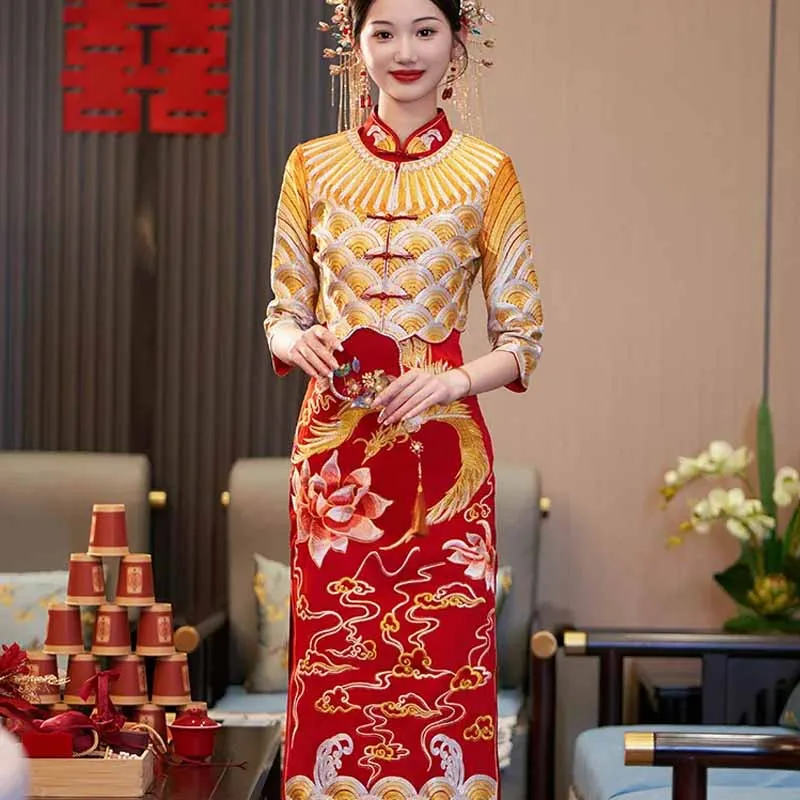 Women Wedding Bridal Dresses Elegant Qipao Chinese Style Xiuhe Embroider Dragon Phoenix Qipao Slim Cheongsams Banquet Gown