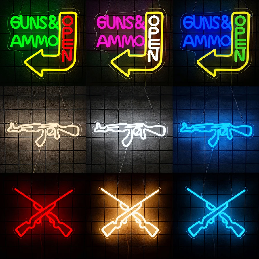 Open Neon Sign - Guns Ammo Store LED Light for Wall Decor,USB Powered for Gun Store Shooting Range Man Cave Game Room Bedroom