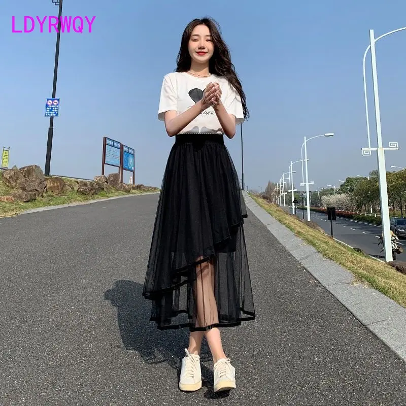 

Skirt summer women's gauze skirt design sense puffy long skirt black irregular mesh skirt