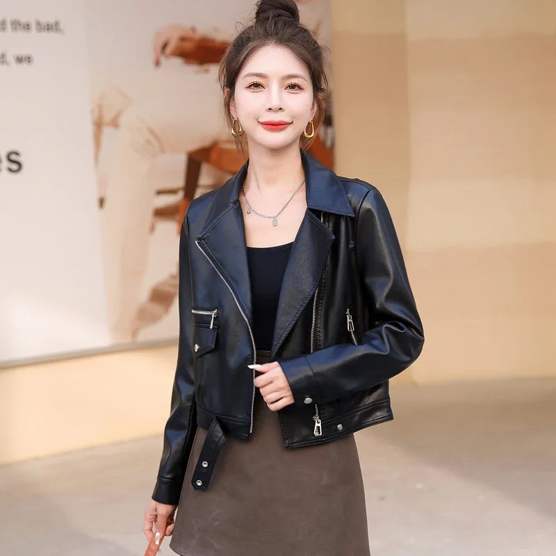 여성용 숏 코트 인조 가죽 재킷 턴다운 칼라 PU 코트 워크 Y2K 스트리트웨어 재킷 지퍼 아우터웨어 가을 겨울