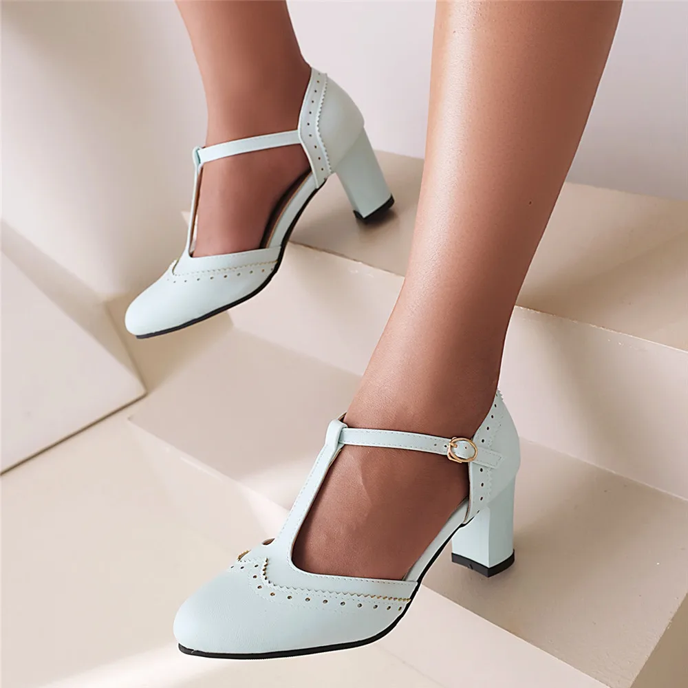 Lady Fashionable Single Shoes T-Strap Buckle Sweet Blue Pumps 6.5CM Heel High Heels Zapatos Party Wedding Women Mary Janes Shoes