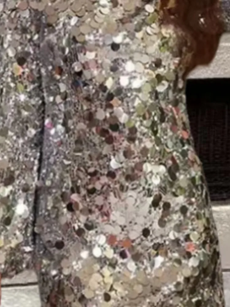 シルバービッグスパンコールドレス女性ファッション O ネックベル長袖 A ラインパーティードレストレンディなストリートウェアナイトクラブ Vestidos 女性