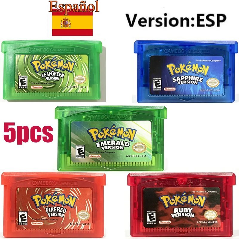 5 Styles España GBA Game Pokemon Series 32 Bit Video Game Cartridge Console Card Pokemon Emerald FireRed Ruby LeafGreen Sapphire