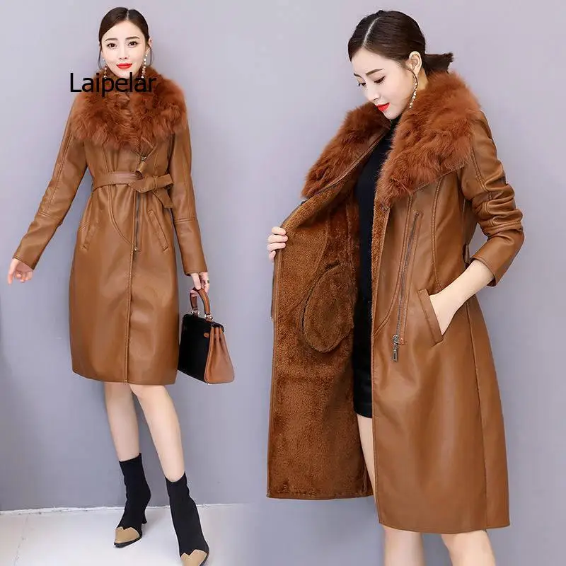 Women Winter Jacket 2022 Leather Cotton Padded Parkas Long Thicked Warm Add Velvet PU leather Jacket Female Winter Coat