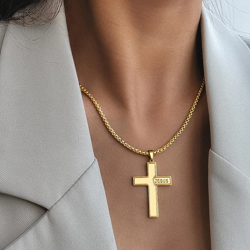 DOTIFI Stainless Steel Christian Cross Pendant Letters Amulet Necklace Men and Women Simple Religious Prayer Jewelry Gifts