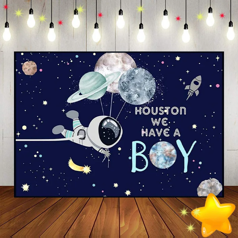 Outer Space Baby Shower Background Scenic Custom Birthday Backdrop Party Decoration Astronomy Photo Astronaut Cartoon Rocket