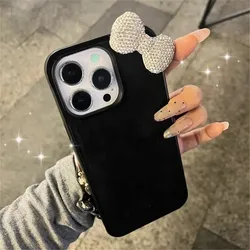 Glitter 3D Bowknot Diamand Case For iPhone 16 15 13 12 14 11 Pro Max Plus Mini X XR Korean Girl Cute Soft Cover Ins Black Shell