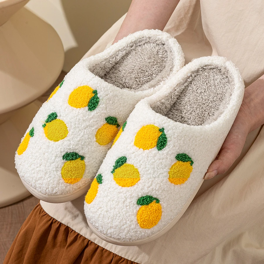 Cute Fruit Lemon Embroidery Children's Winter Slippers Indoor Comfortable Warm Parent-child Shoes Casual Bedroom Home Shoes