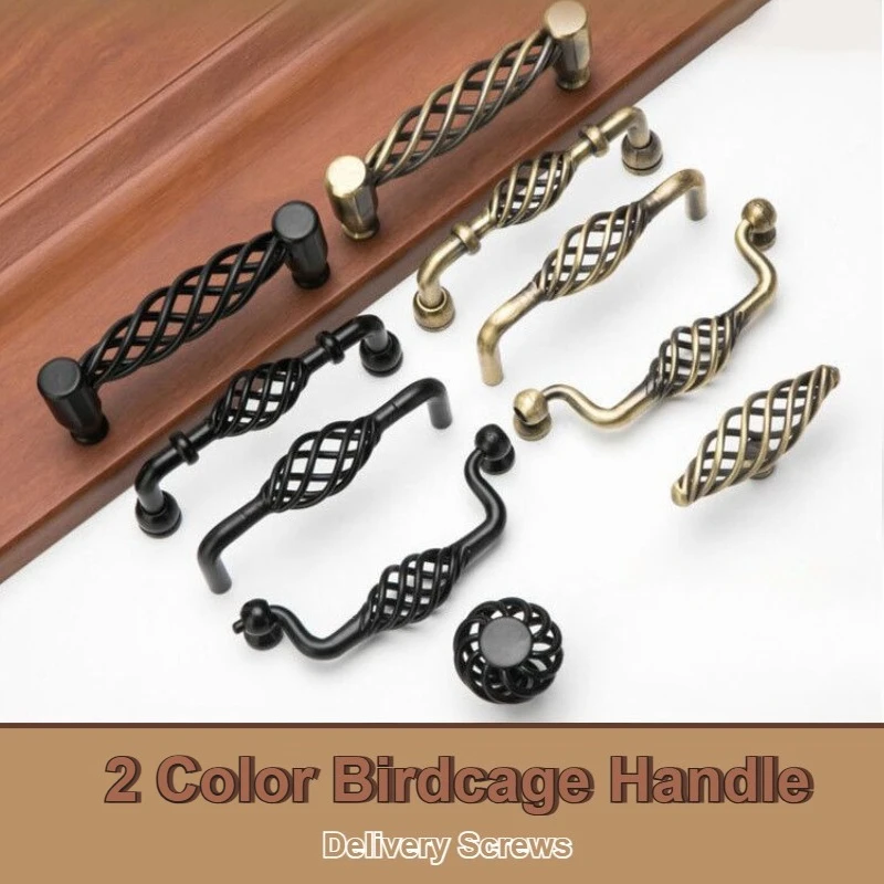 Vintage Antique Bronze Hollow Out Birdcage Handles Black European Single Hole Cabinet Wardrobe Pulls American Handle