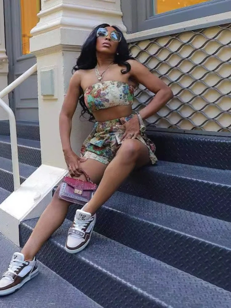 Shorts conjunto de calças femininas conjuntos de duas peças conjuntos de correspondência sem alças impressão floral sexy topos calças curtas borla cintura alta y2k streetwear