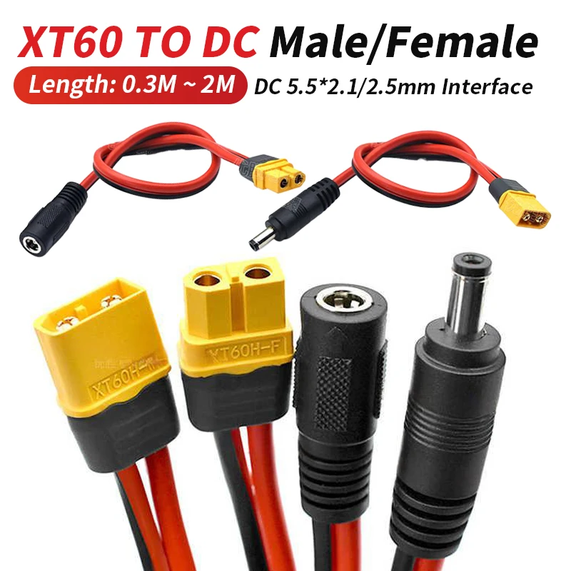 XT60 to DC Male/Female Connector Wire Industrial Grade 2 Square DC 5.5 x 2.1/2.5mm to XT60 Extension Cord Charging Adapter Cable