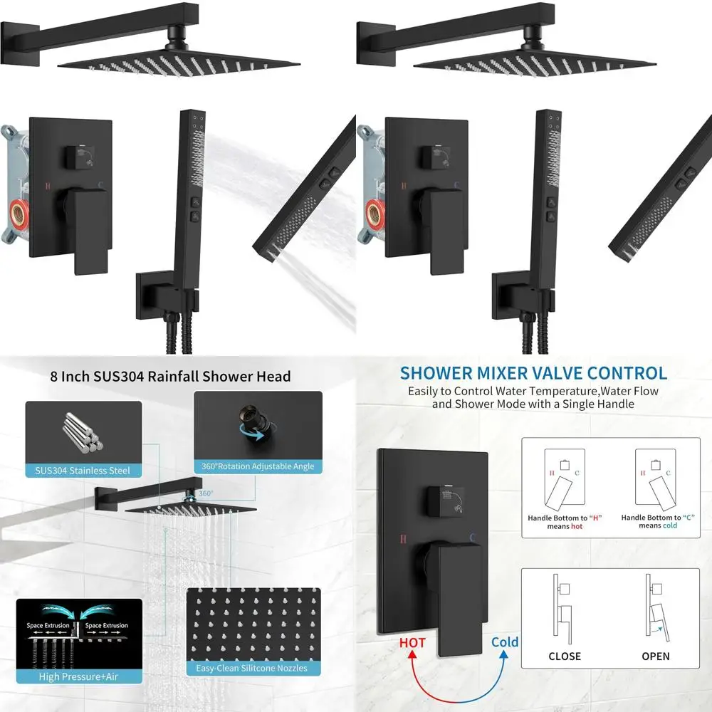 

8 Matte Black Rainfall Shower System with Square Head and 2-in-1 Handheld Sprayer, Wall-Mounted Fixture and Repair Kit