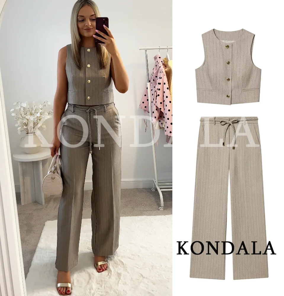 KONDALA Elegant High Street Striped Set Women's Buttons Vest, Woven Belt Trousers New 2026 Summer Fashion Commute Lady Pants Set