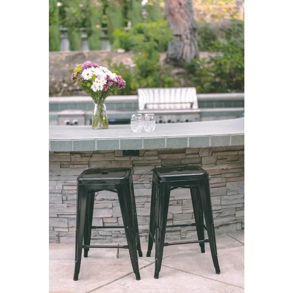 

Set of 4 Black Backless Bar Stools - 24"/26" Counter Height Metal Stools with Square Seat - Indoor-Outdoor Kitchen Stools​