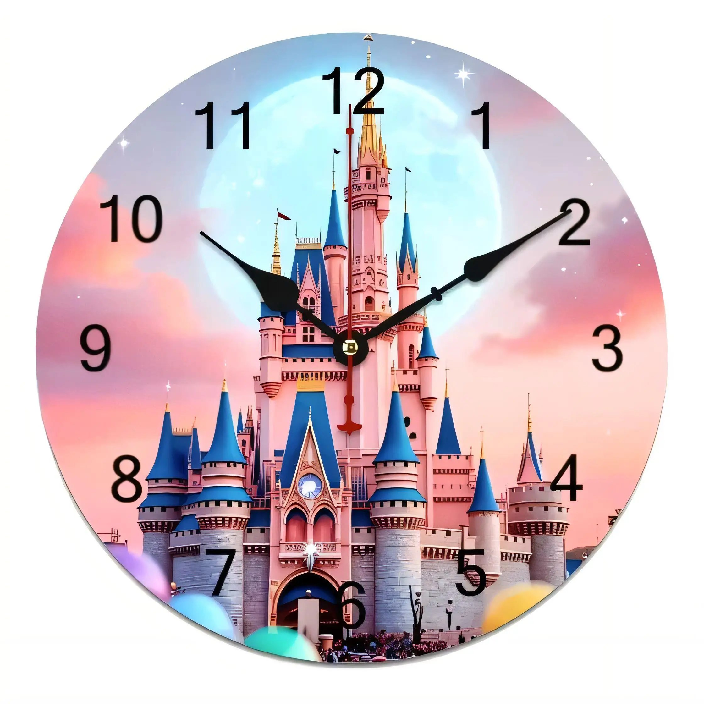 Magical Fairytale Castle Wall Clock with Moon Stars Balloons  Decorative Home Art Silent Non Ticking Battery Operated for Kids R