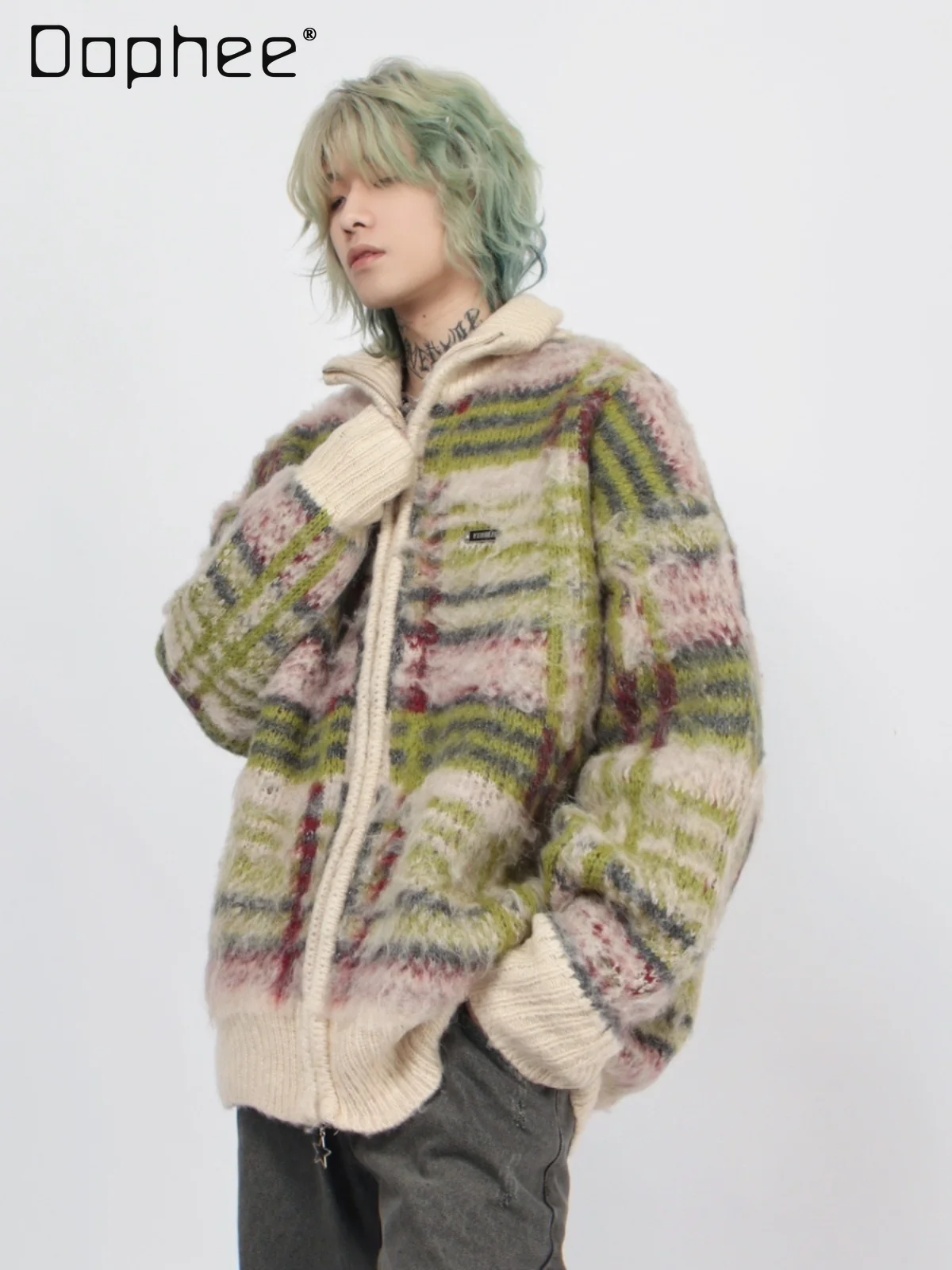 

Autumn Winter American Retro Striped Stand Collar Zipper Cardigan Sweater Purple Blue Green Apricot Loose Casual Daily Sweater