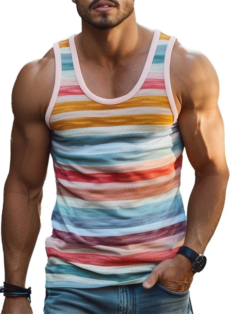 Mens Vintage Stripe 3D Printed Tank Tops Fashion Summer Sleeveless Casual Sports Vest Loose Quick Dry Breathable Tees Clothes image 4