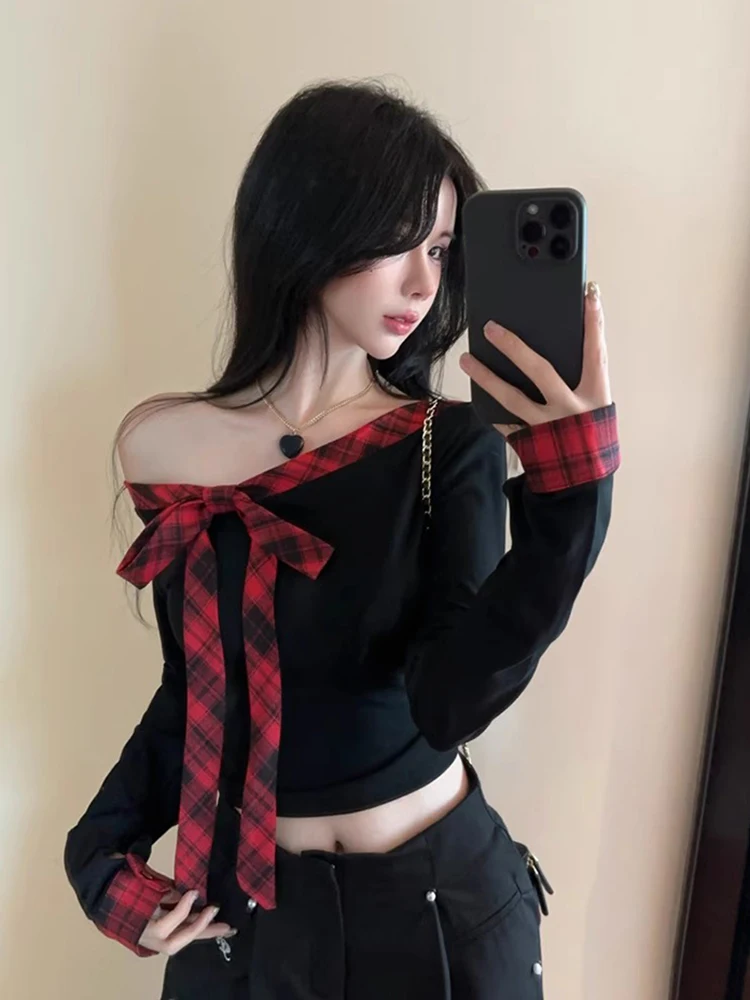 

Y2K Уличная укороченная футболка женская с разрезом на шее и бантом в клетку лоскутные облегающие футболки Hottie Autumn с открытыми плечами и длинными рукавами сексуальные топы