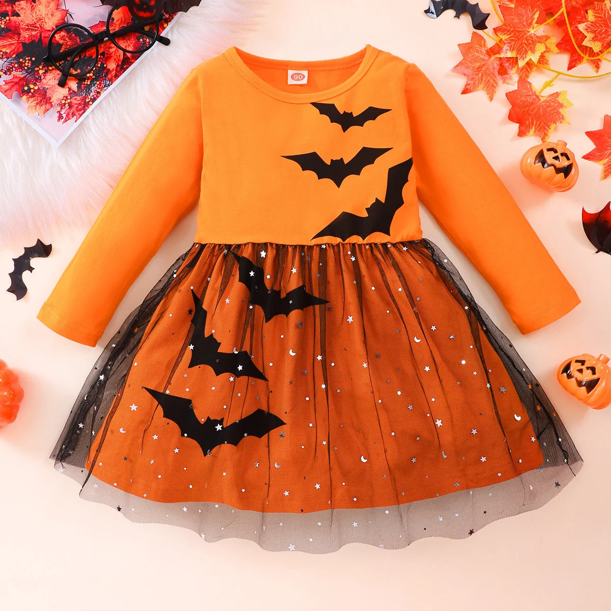 Halloween Costumes Kids Pumpkin Dress Fashion Bat Print Casual Dress Baby Girl Clothes Mesh Princess Dress Kids Birthday Dress