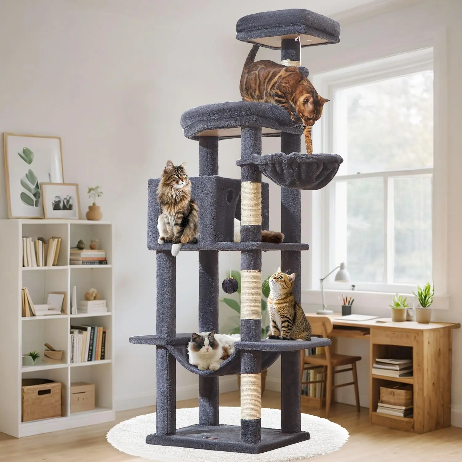 

MS042G Cat Tree,66-inch Large Cat Tower with Scratching Posts, Luxurious Large Platform for Big Cats with Soft Hammock,