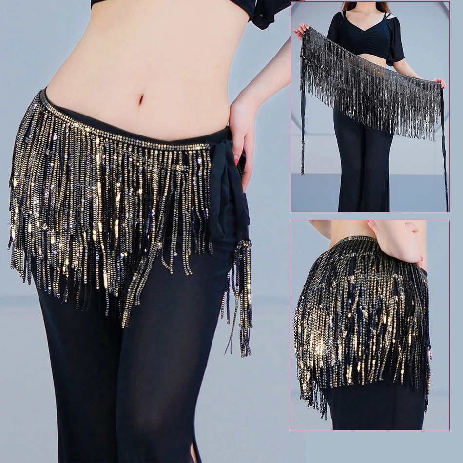 Belly Dance Hip Scarf Tassel Sequined 225cm Oriental Dance Black Gold Waist Chain Belt Dance Outfit Performance Accessories