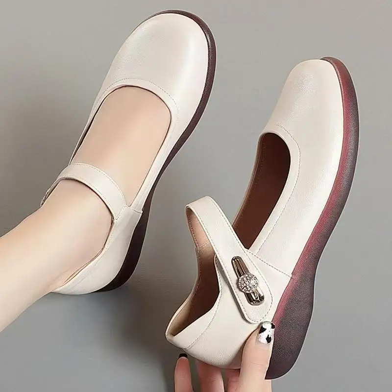 

All Match Spring Fall Shallow Soft Leather Mary Janes Flat Platform Shoes 2025 Fall Breathable Comfortable Shoes for Mom Daily