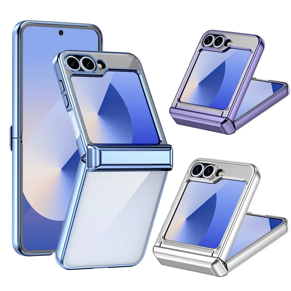 For Samsung Z Flip 7 6 5 Galaxy Z Flip 7 5G Case Luxury Electroplated Transparent Folding Hinge Shockproof Protection Hard Cover