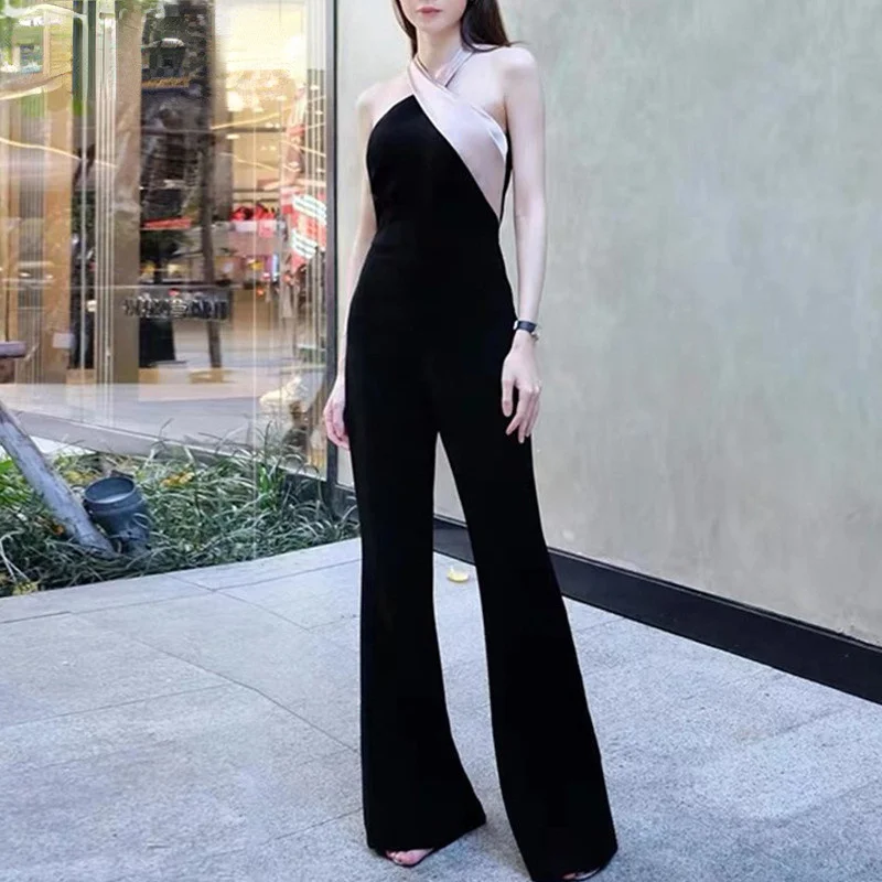 

Luxury Summer Jumpsuits Women Overalls Sexy Halter Neck Sleeveless Wide Leg Pants High Street Elegant Lady Romper Clothes Female