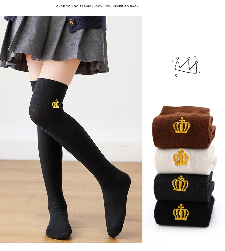 Baby Kinder Baumwolle wärmer Strümpfe Cartoon Krone Stickerei über dem Knie hohe Socke Kind Mädchen Student Herbst Winter lange Socken – Detail 6