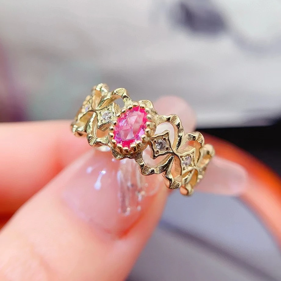 Vintage 925 Silver Band Ring Ring for Women 4mm * 6mm 0.5ct Natural Pink Sapphire Ring with 3 Layers 18K Gold Plating