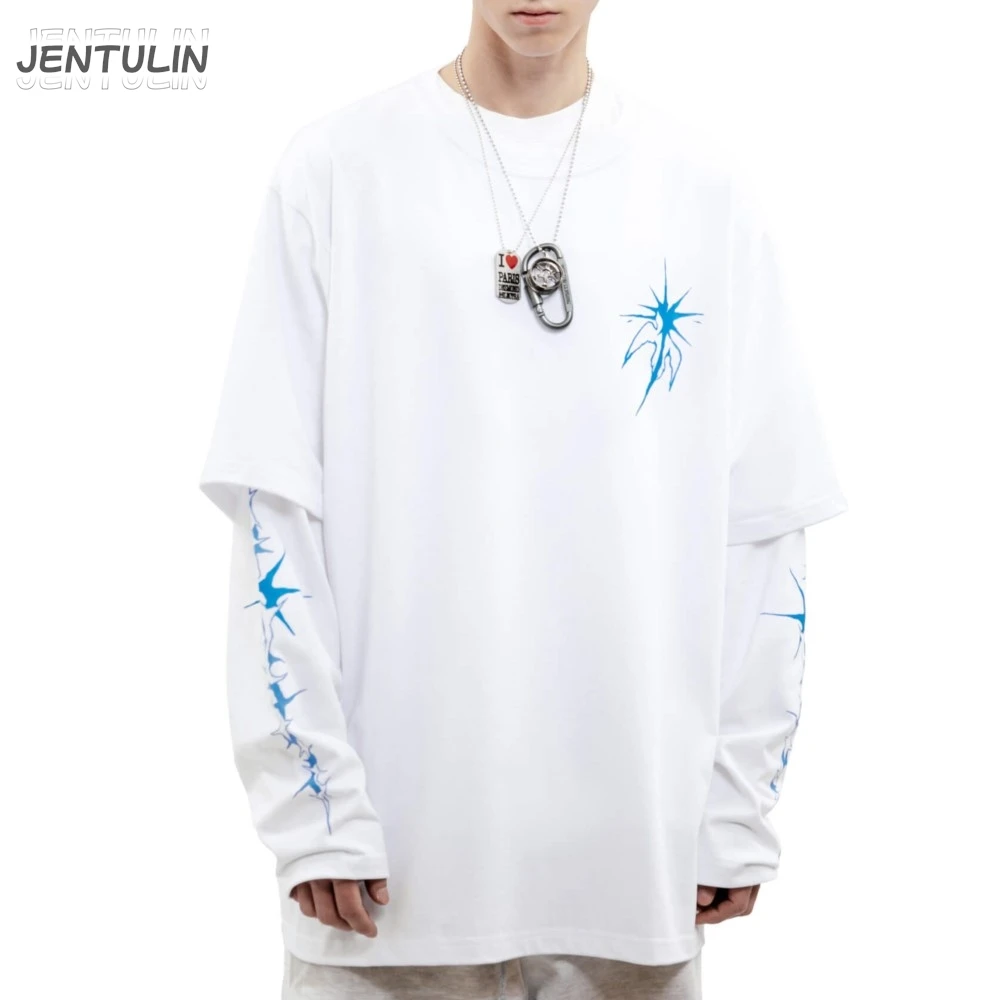 Harajuku Oversized Streetwear Men's Clothing Bright Side Graphic Print Hip Hop Fake Two Pieces Tshirts Long Sleeve Tops Goth Y2k