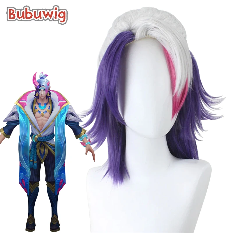 Bubuwig Synthetic Hair Aphelios Cosplay Wigs Game LOL Spirit Blossom Aphelios 50cm Silver Gray Mixed Color Wig Heat Resistant