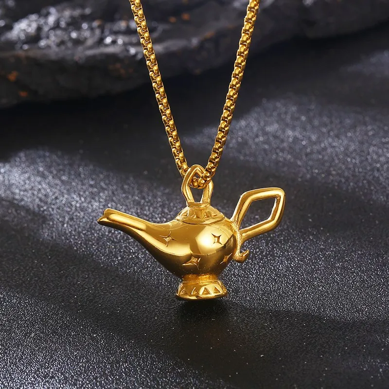 Literatur spezielle mythische Aladdin Lampe Anhänger Halskette für Frauen Männer Edelstahl einfache Charm Hals Hals Party Schmuck Geschenke – Detail 5