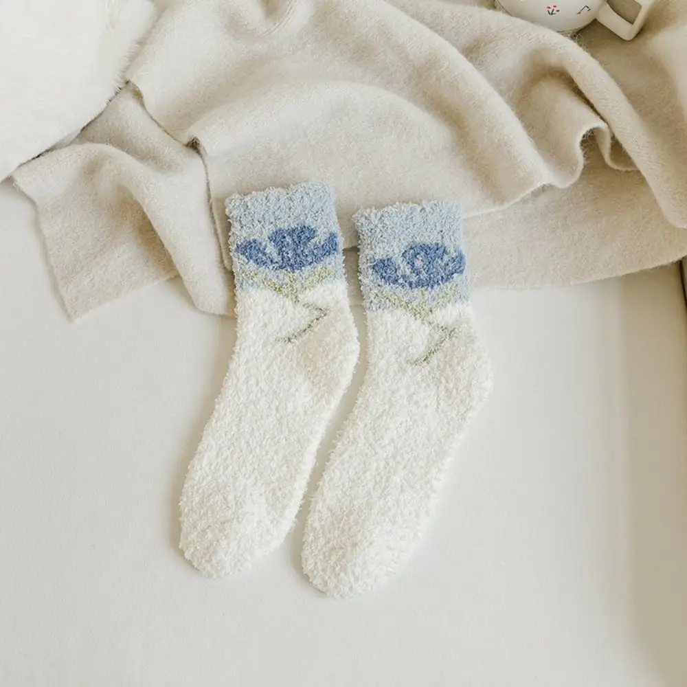 

Soft Winter Trendy Thick Flower Sweet Cute Female Socks Coral Velvet Korean Style Socks Middle Tube