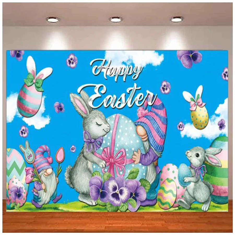 Photography Backdrop Happy Easter Banner Decoration For Indoor Outdoor Gnome Bunny Rabbit Background Party Supplies Decoration