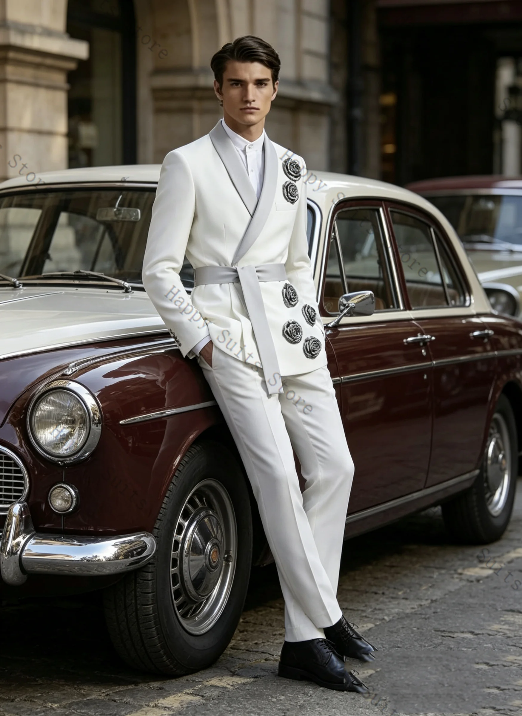 

White Men Suit Set 2 Pcs Blazer+Pants Trousers Belted 3D Flower Formal Office Coat Wedding Tuxedo Customized Jacket Outfit