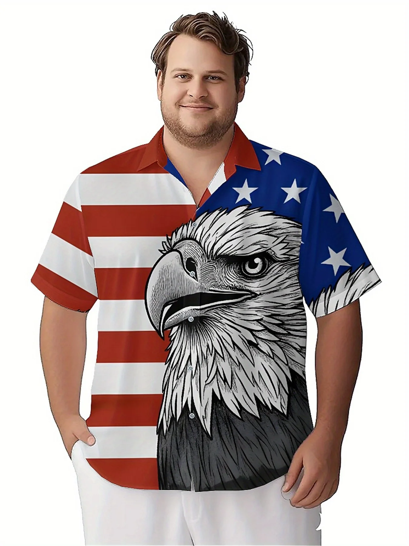 Men's Plus Size Hawaiian Shirts American Flag and Bald Eagle Pattern, Button Up Shirts, Unisex Casual Clothing, Summer Tops