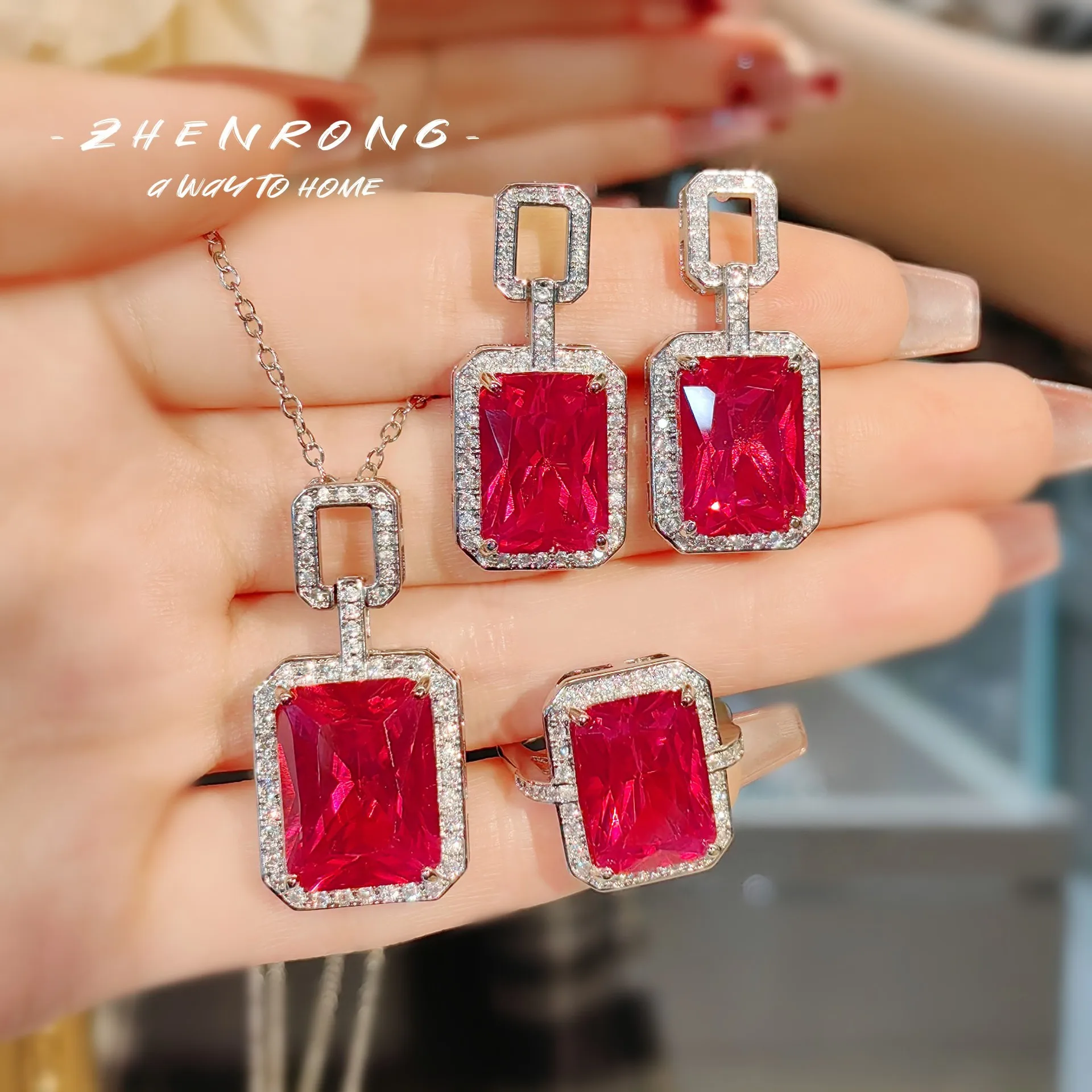 2024 Trend Sparkling Luxury Lab Ruby Gemstone Jewelry Sets for Women Geometric Zirconia Wedding Rings Plating Silver 925 Jewelry