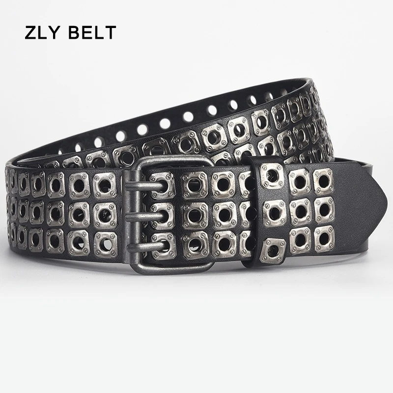 2024 New Fashion Belt 110CM Men Punk Style PU Leather Rivet Metal Belt Eye Alloy Pin Buckle Trending Tough Robust Casual Belt