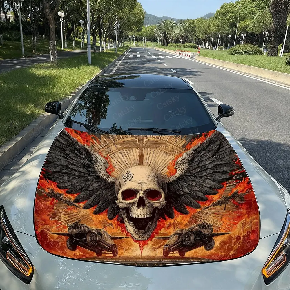 

Flame Black Wing Skull Car Hood Wrap Colorful Vinyl Waterproof Sticker For Trucks, Decorative Bonnet Graphics And Auto Accessori